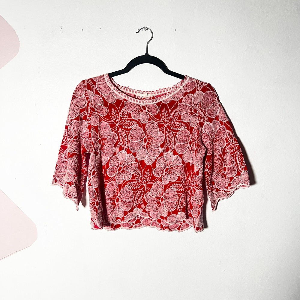 Anthropologie Solitaire Peasant Top XL Red Floral Embroidered Cropped